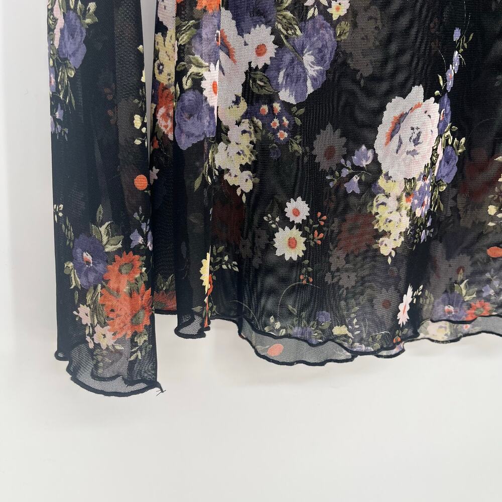 White Birch Sheer Floral Mesh Mock Neck Top Dark Floral Long Sleeve Large - Picture 5 of 7